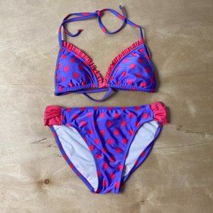 Y2K Polka Dot Ruffled Two Piece Triangular Swim Suit Women's Top S | Bottom M